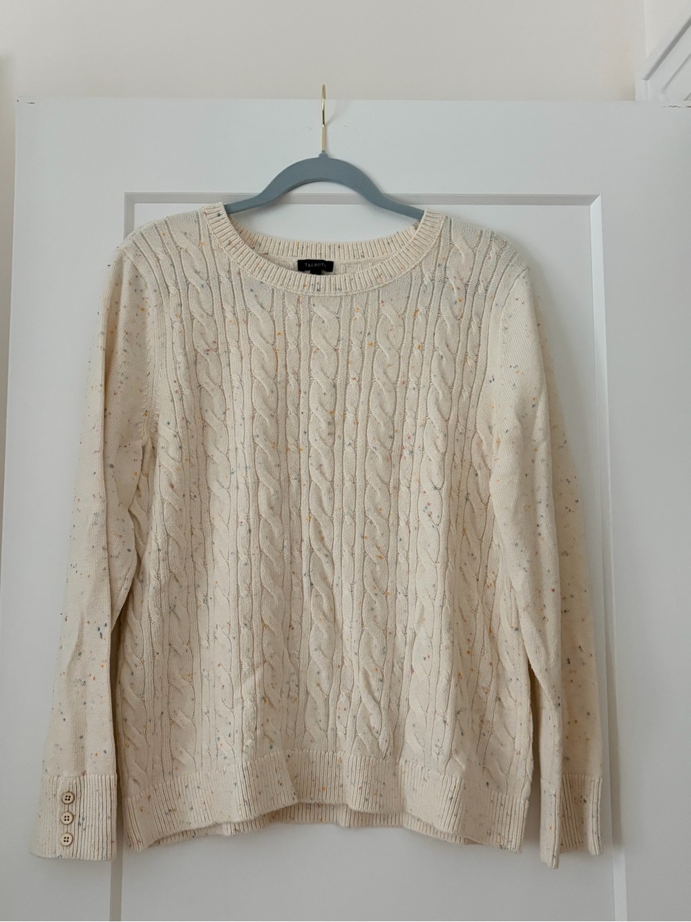 Talbots Cream Cable-Knit Crewneck Sweater with Speckle Detail